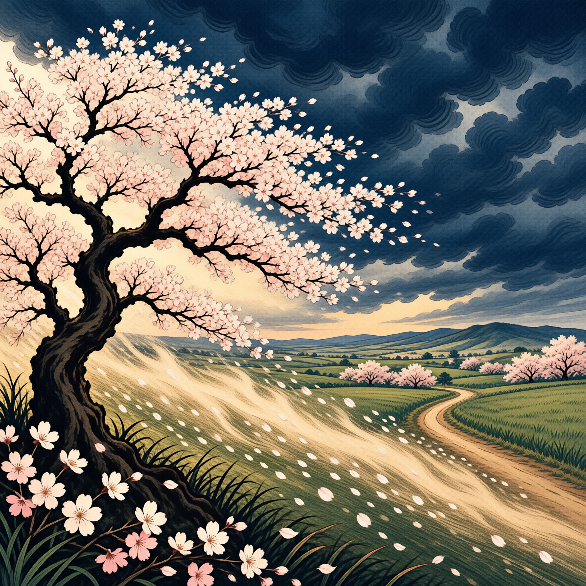 A dark cherry blossom tree leans right as pink petals scatter across a winding country path beneath dramatic rolling clouds and distant hills