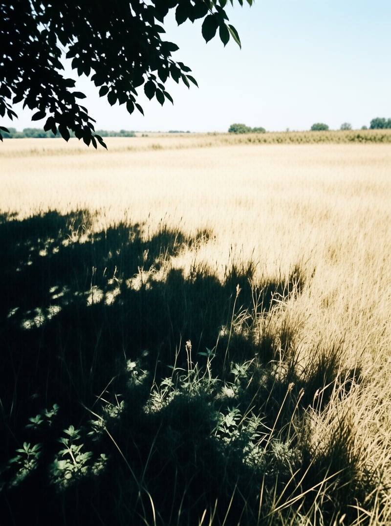 A wide expanse of dry golden wheat stretches toward the horizon where a few trees line the distance while a large dark shadow covers the foreground grass and leafy branches hang from the top left corner casting intricate patterns of light and darkness across the field.