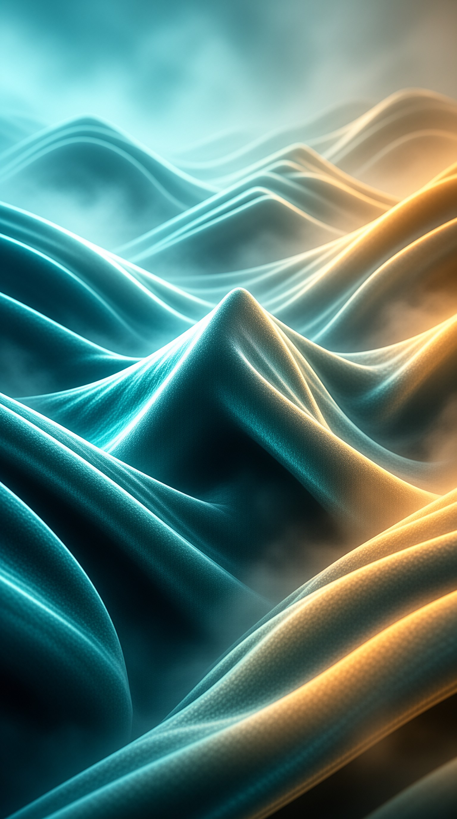 Smooth teal silk folds ripple across the frame while warm golden light highlights the right side.