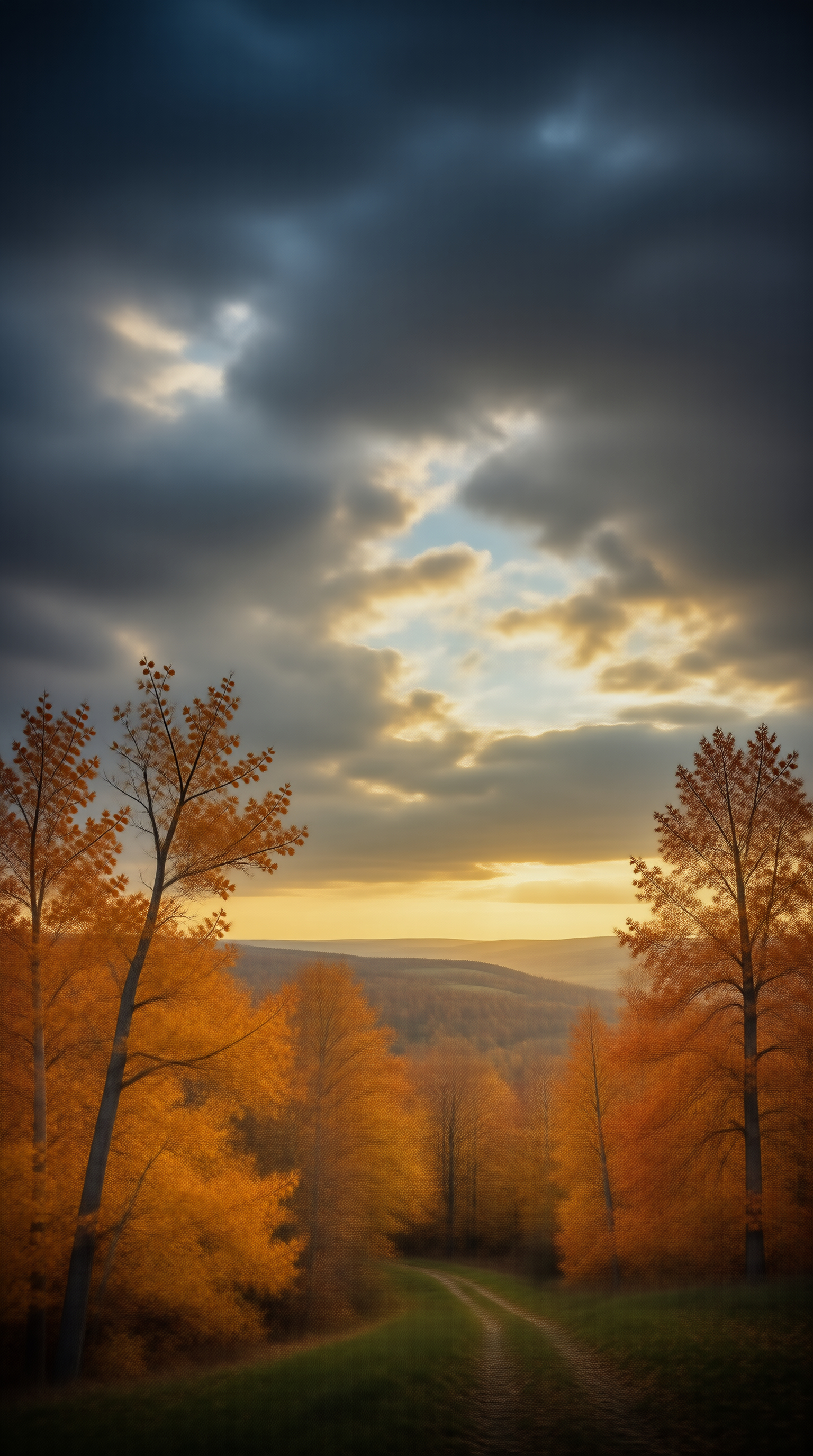 Autumn Path Under Dramatic Sky