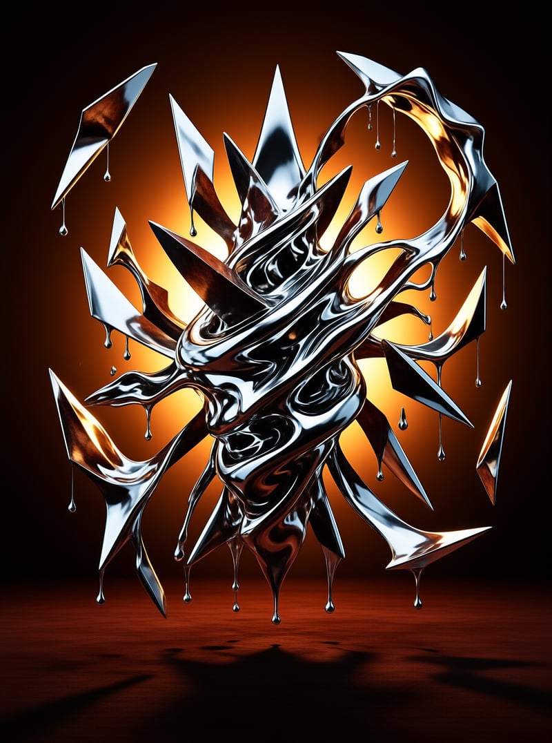 A jagged chrome form drips liquid silver droplets above a reddish surface lit by an intense orange glow.