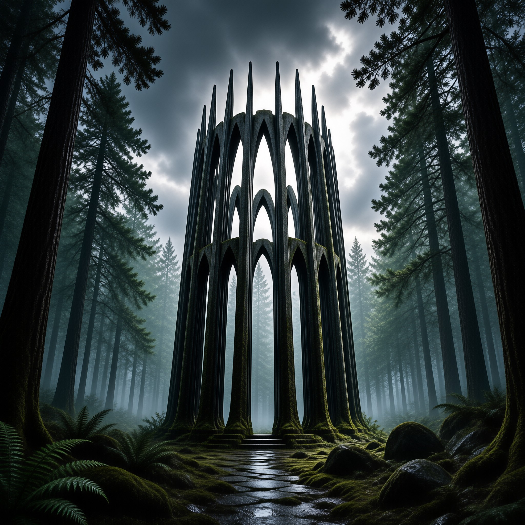 Gothic Ruin in Misty Forest