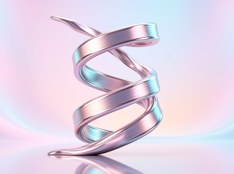A twisted metallic ribbon forms a vertical spiral shape with iridescent pink and blue reflections against a blurred pastel background.