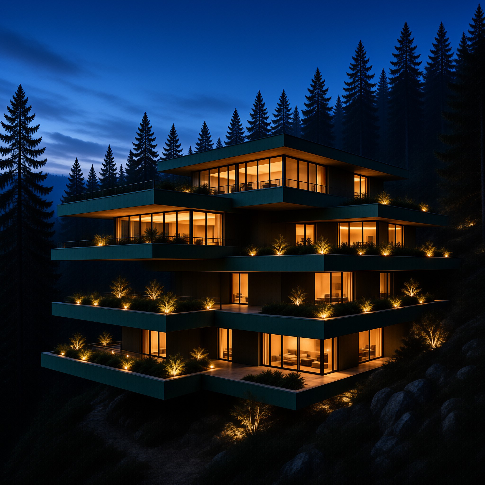 A modern multi-story building glows warm inside while nestled among tall dark pine trees under a deep blue twilight sky.