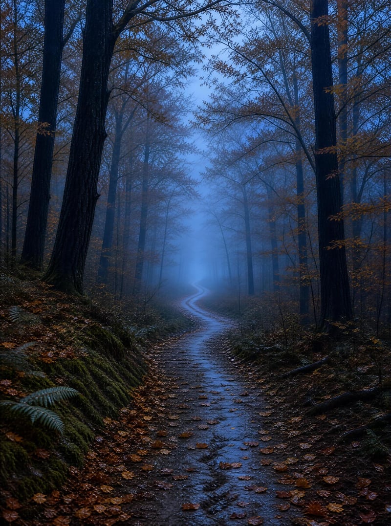 Misty Forest Path at Dusk