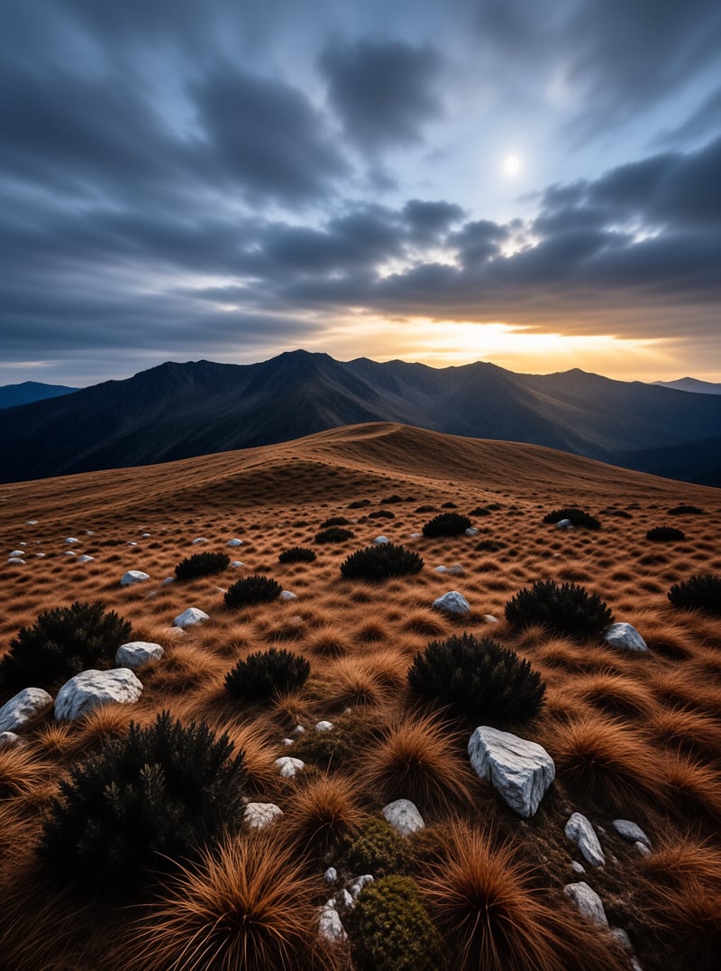 Tussock grasses and rocks cover a rolling alpine slope before distant mountains under a cloudy sky with breaking sunlight.