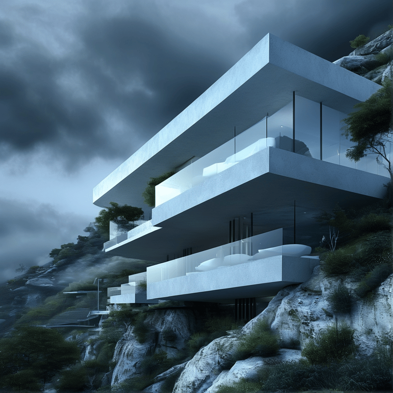 A massive white structure extends from a steep rocky slope beneath heavy grey clouds and fog.