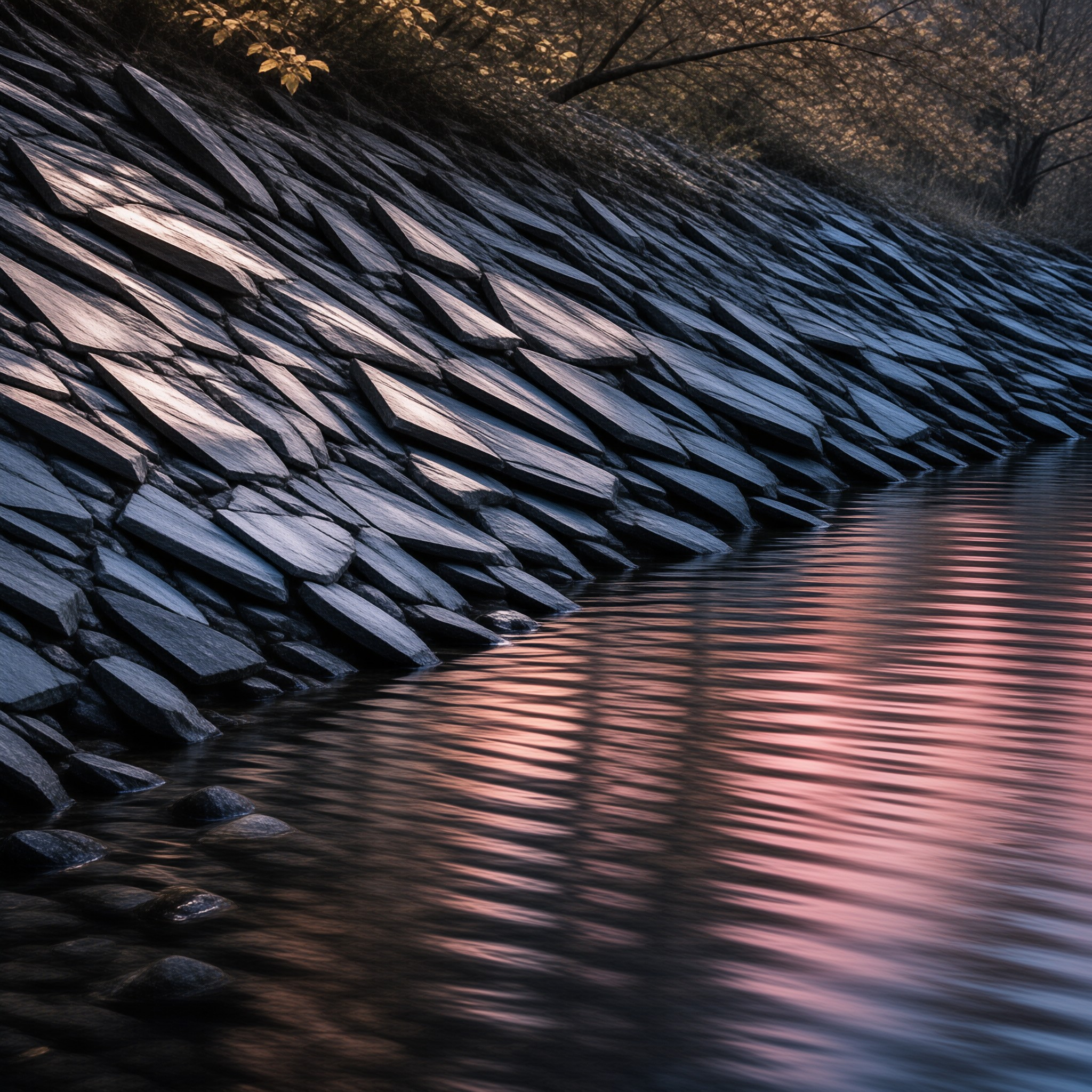 Steep layers of dark slate line a river bank where water mirrors the warm pink glow of dusk.
