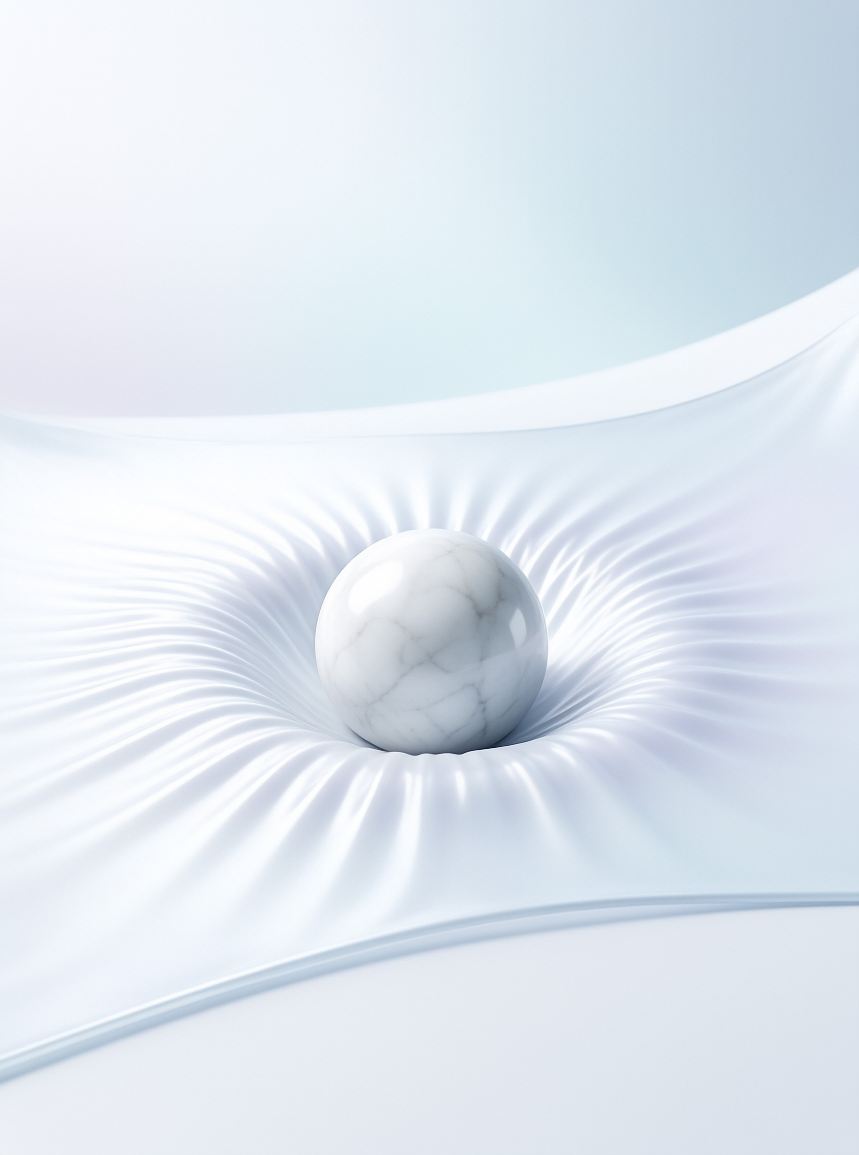 A polished veined marble ball settles in a fabric like depression ringed with gentle radial folds.