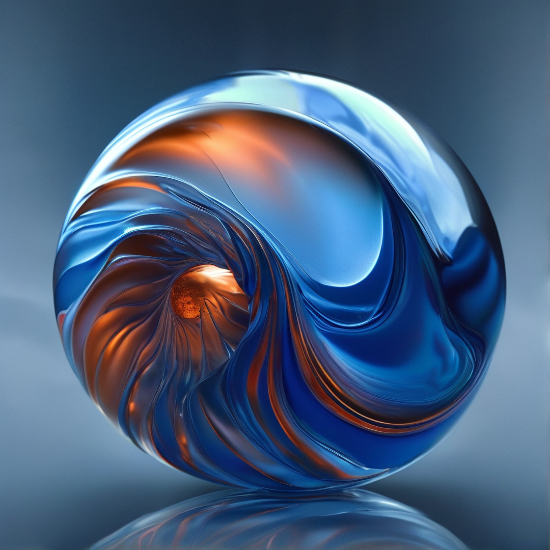A highly reflective sphere features swirling blue and orange fluid patterns with a glowing center against a muted background.
