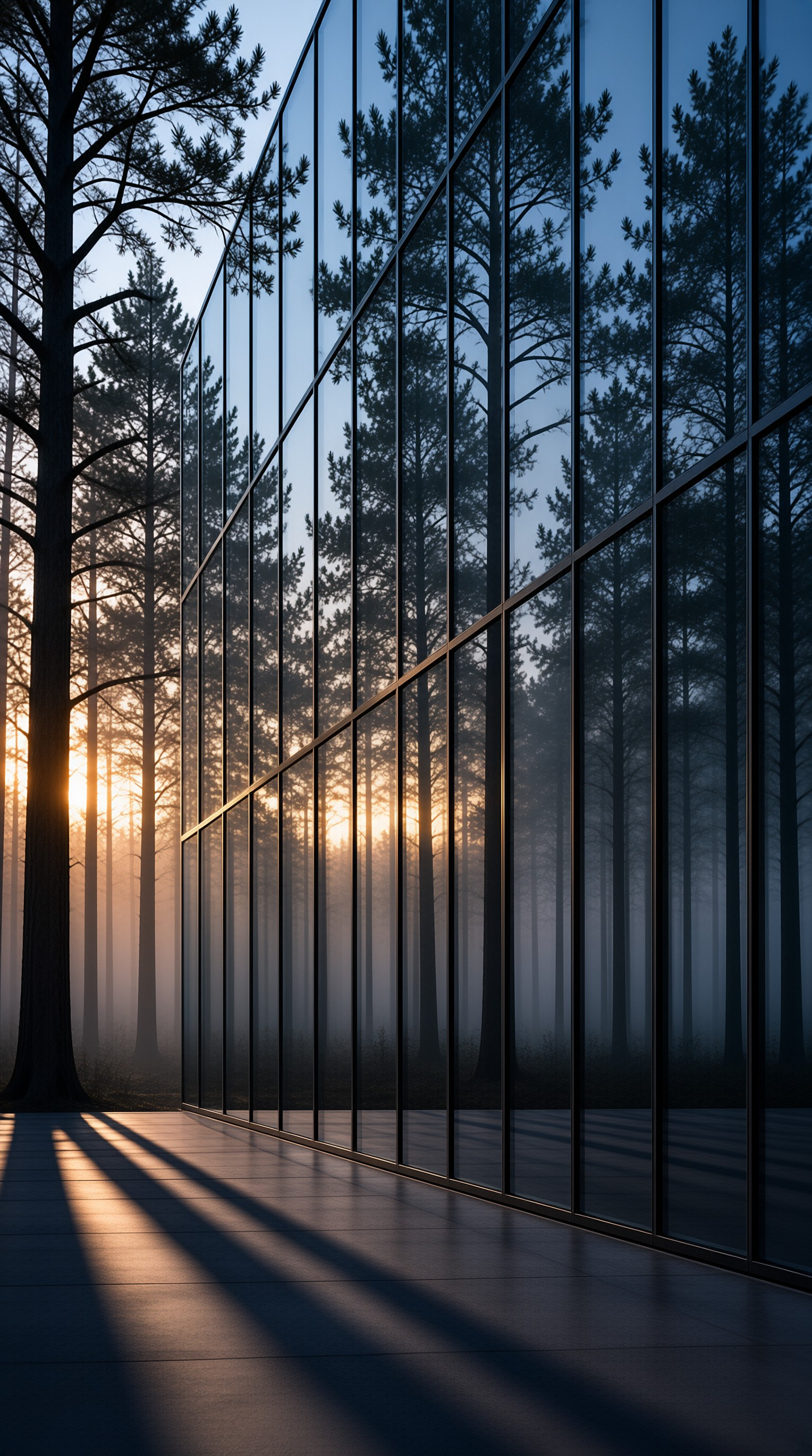 Modern Glass Facade in Forest