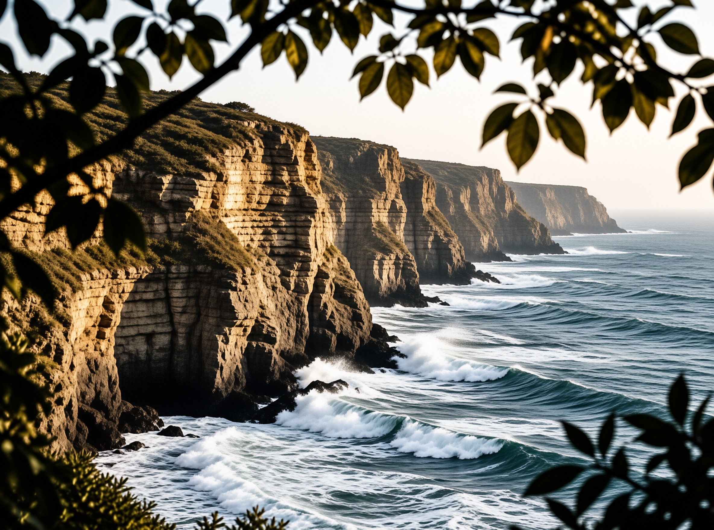 Towering coastal cliffs rise above churning blue waves as sunlight highlights the rock layers visible behind a foreground of dark foliage framing the upper edge.