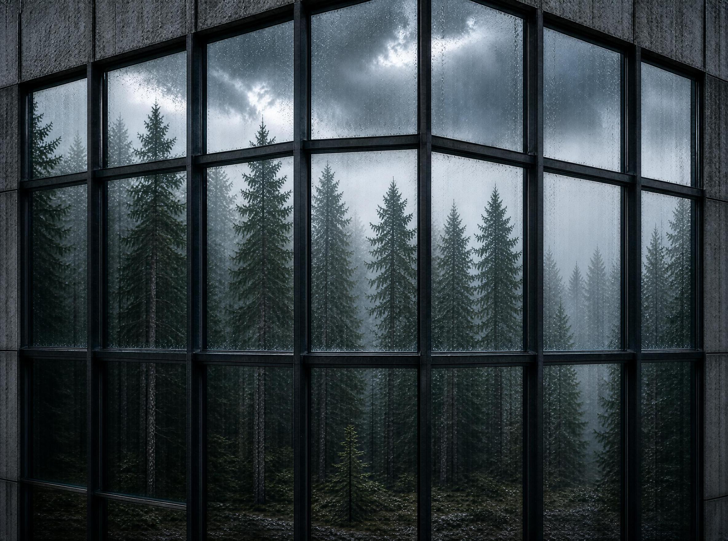Rainy Forest Through Building Windows
