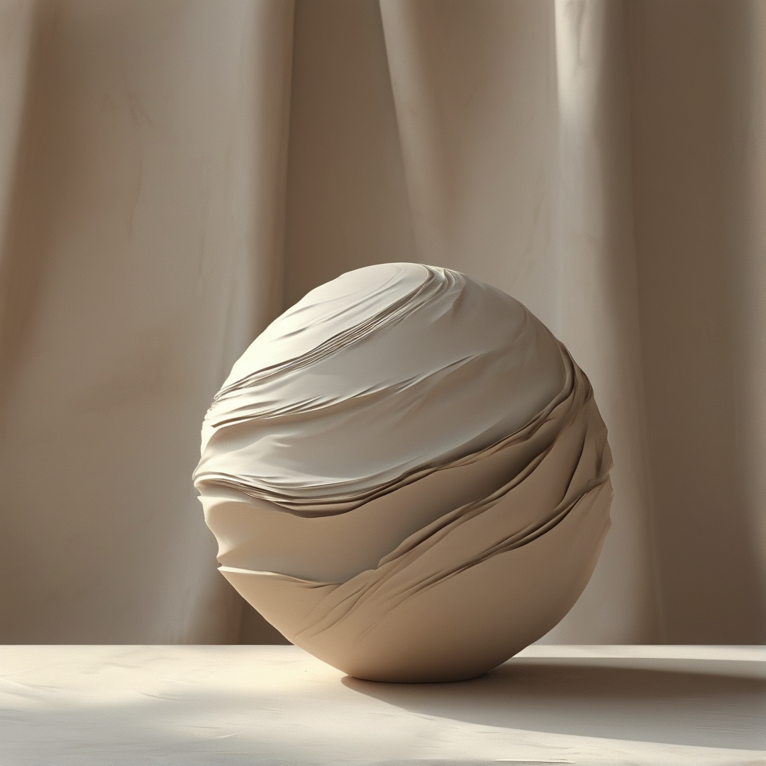 A spherical form wrapped in creamy draped fabric rests on a flat surface with gentle shadows.