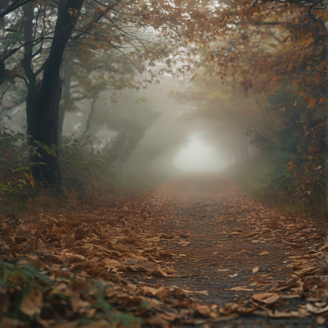 A leafy dirt path winds through a misty wood where sunlight diffuses softly among the trees.