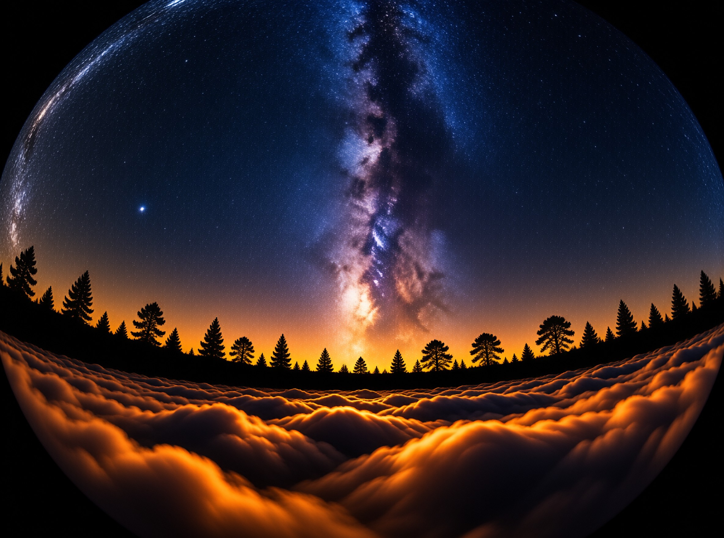 The galaxy arcs above silhouetted pines on a spherical little planet wrapped in glowing amber clouds