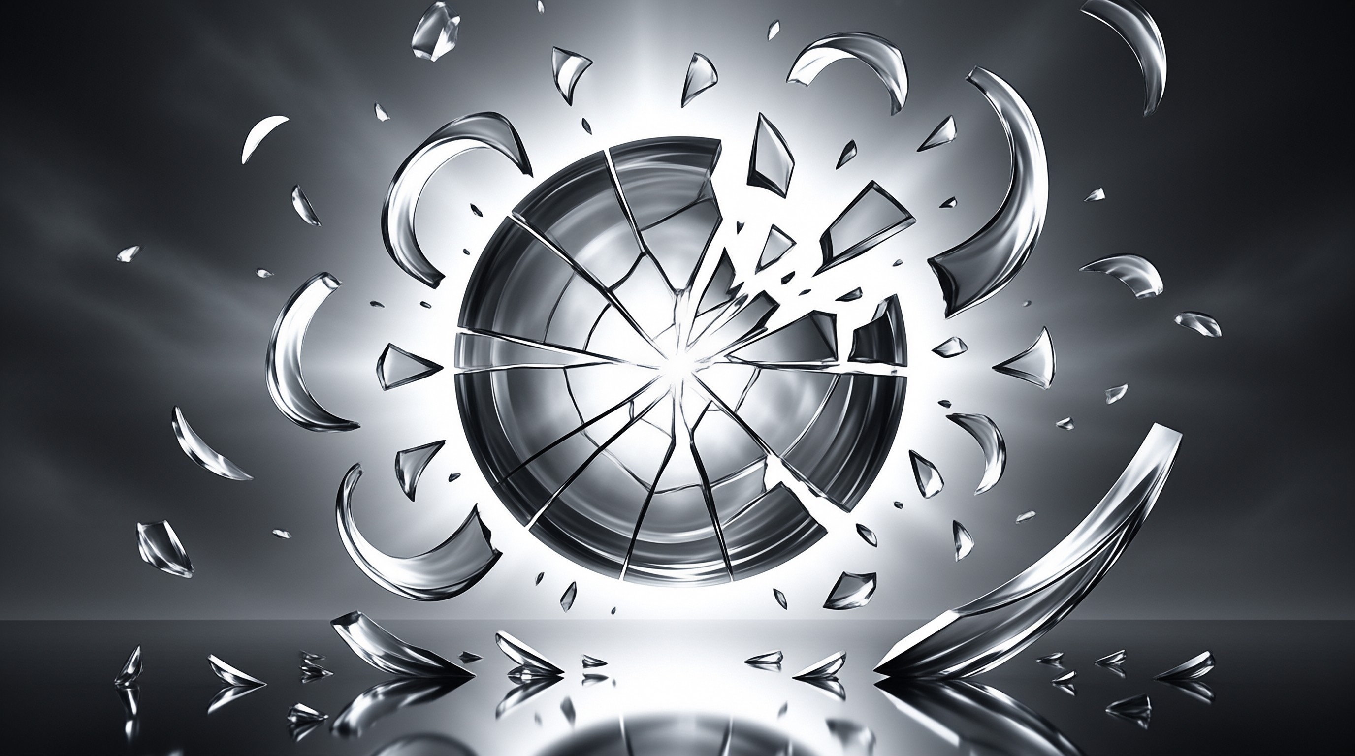 A round metallic object shatters into flying shards illuminated by a bright central light against a dark background.