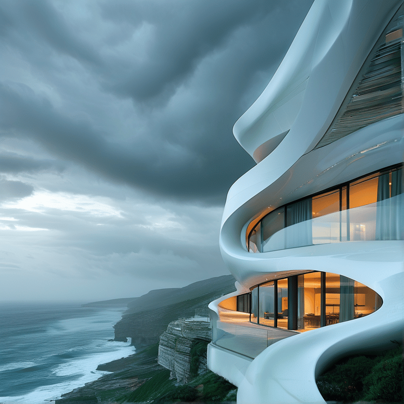 A white curvilinear building perches on a cliff overlooking a dark ocean under a cloudy sky with warm interior lights.
