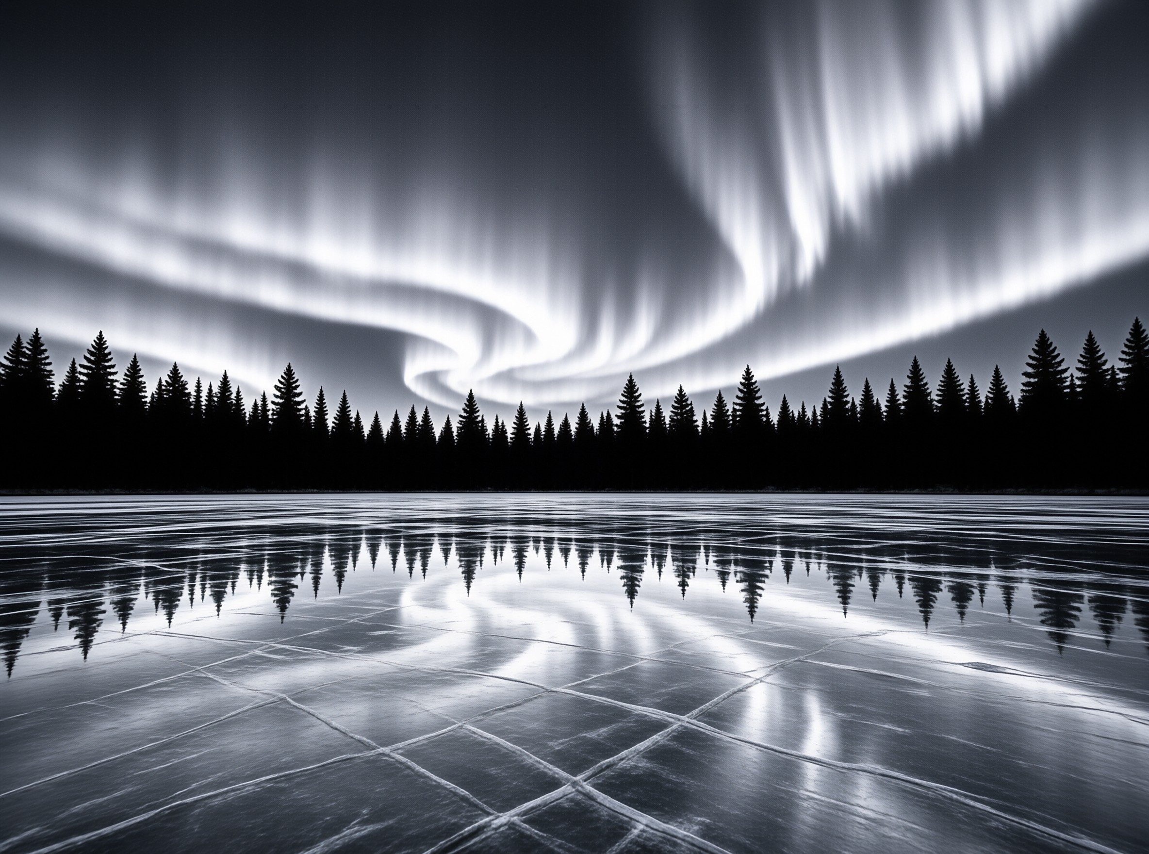 Silhouetted pine trees line the edge of a cracked frozen lake reflecting brilliant swirling patterns in the sky above.