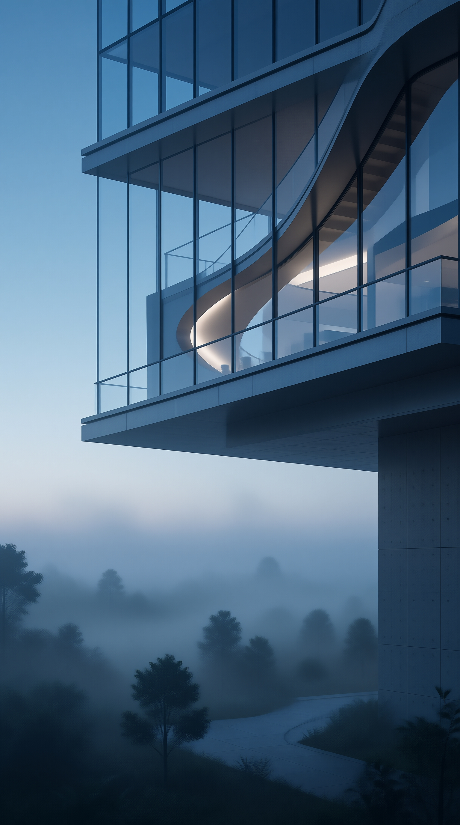 Modern Glass Building with Spiral Staircase