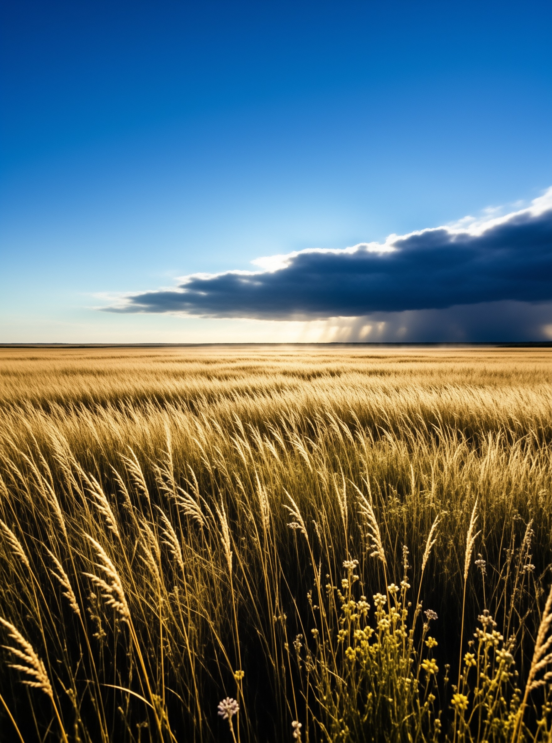Tall golden grasses ripple across an open plain beneath a dark storm cloud with falling rain shafts