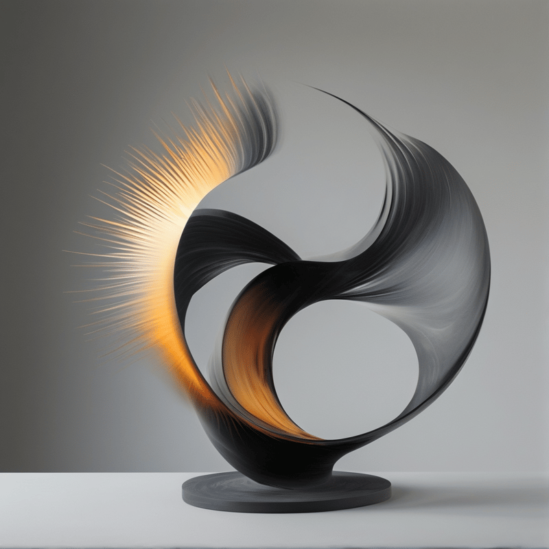 A dark twisted form stands on a pedestal while orange light radiates from its side against a neutral gray wall.
