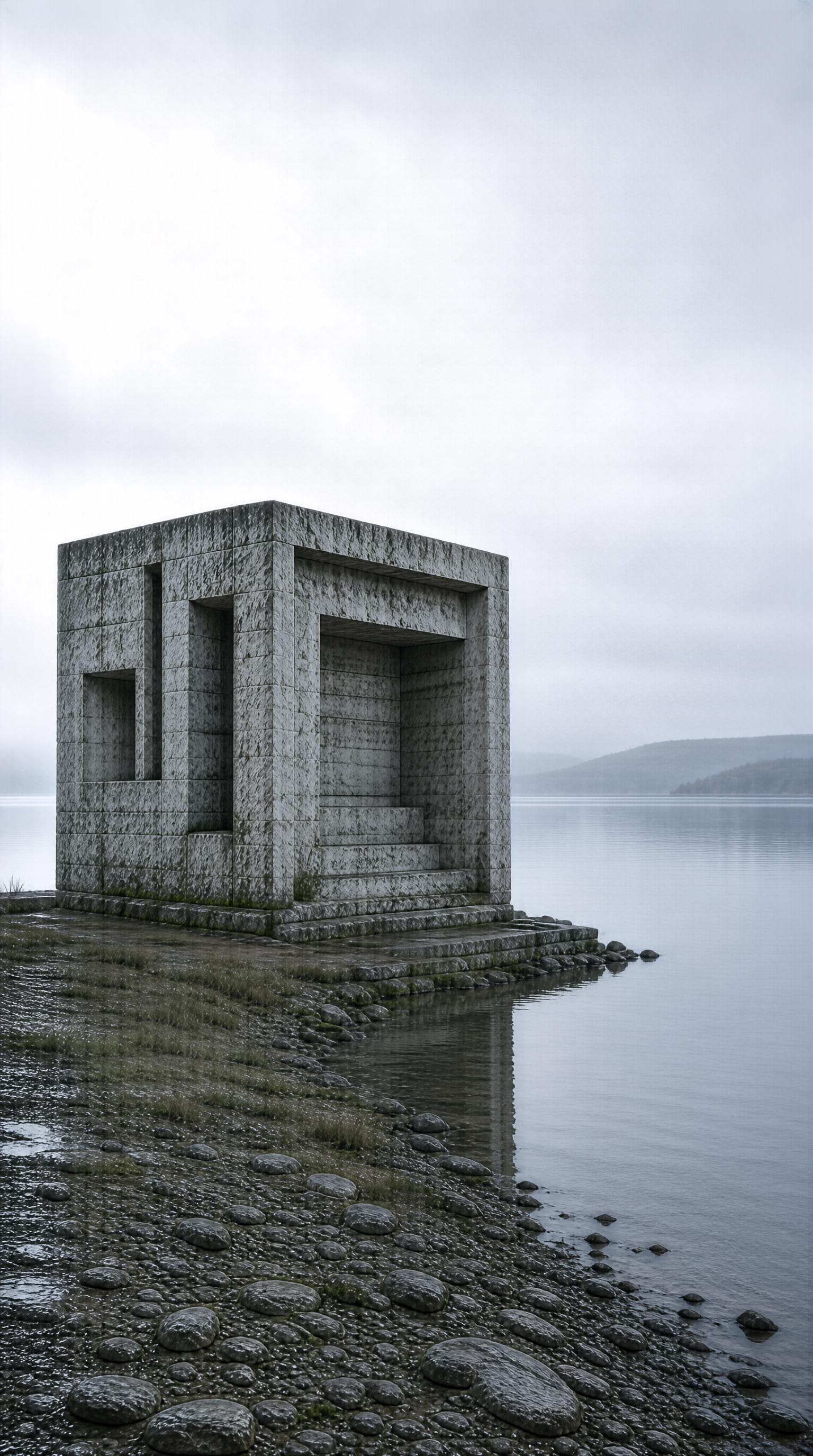 Stone Cube by the Lake