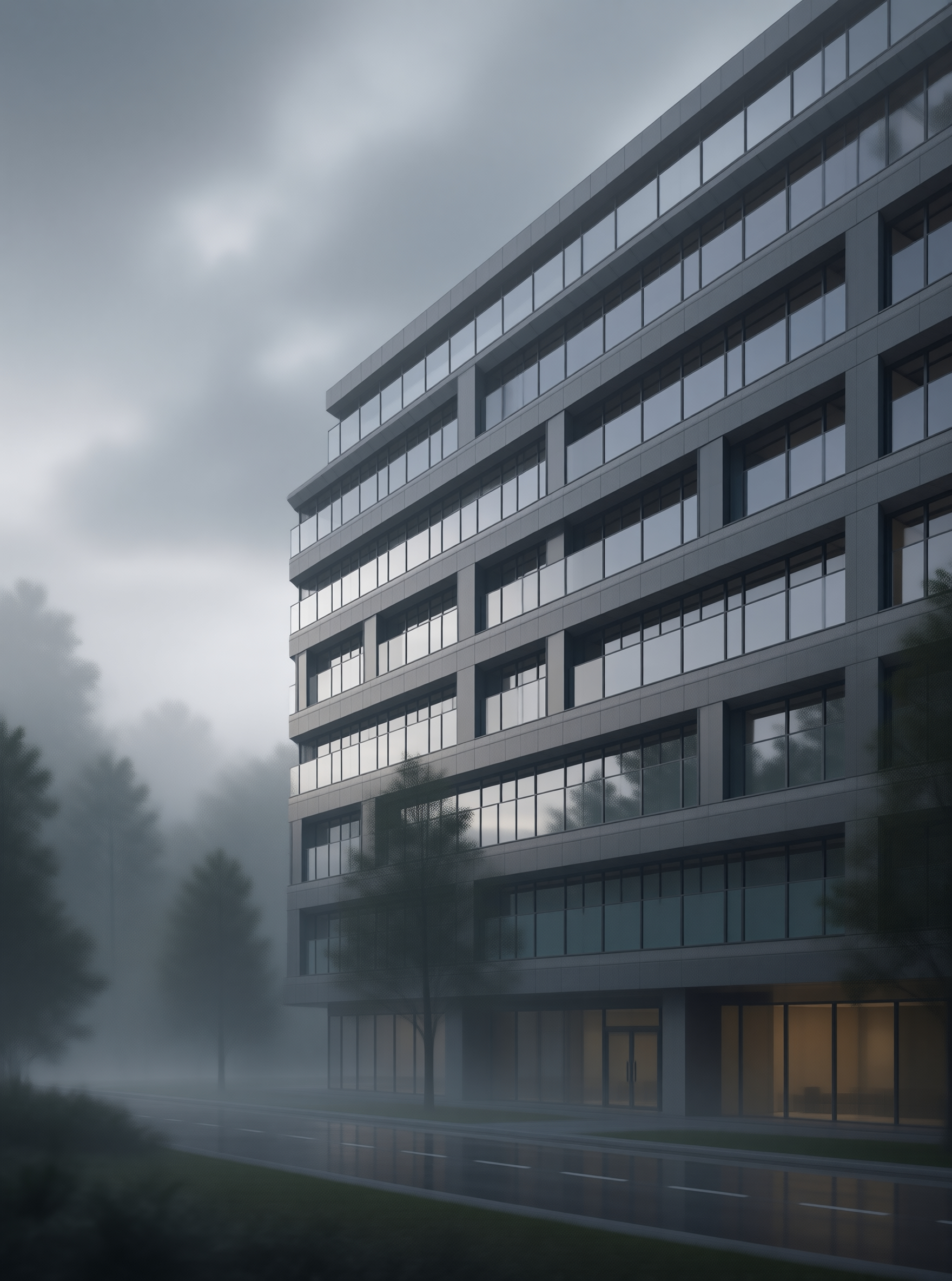 Modern Office Building in Fog