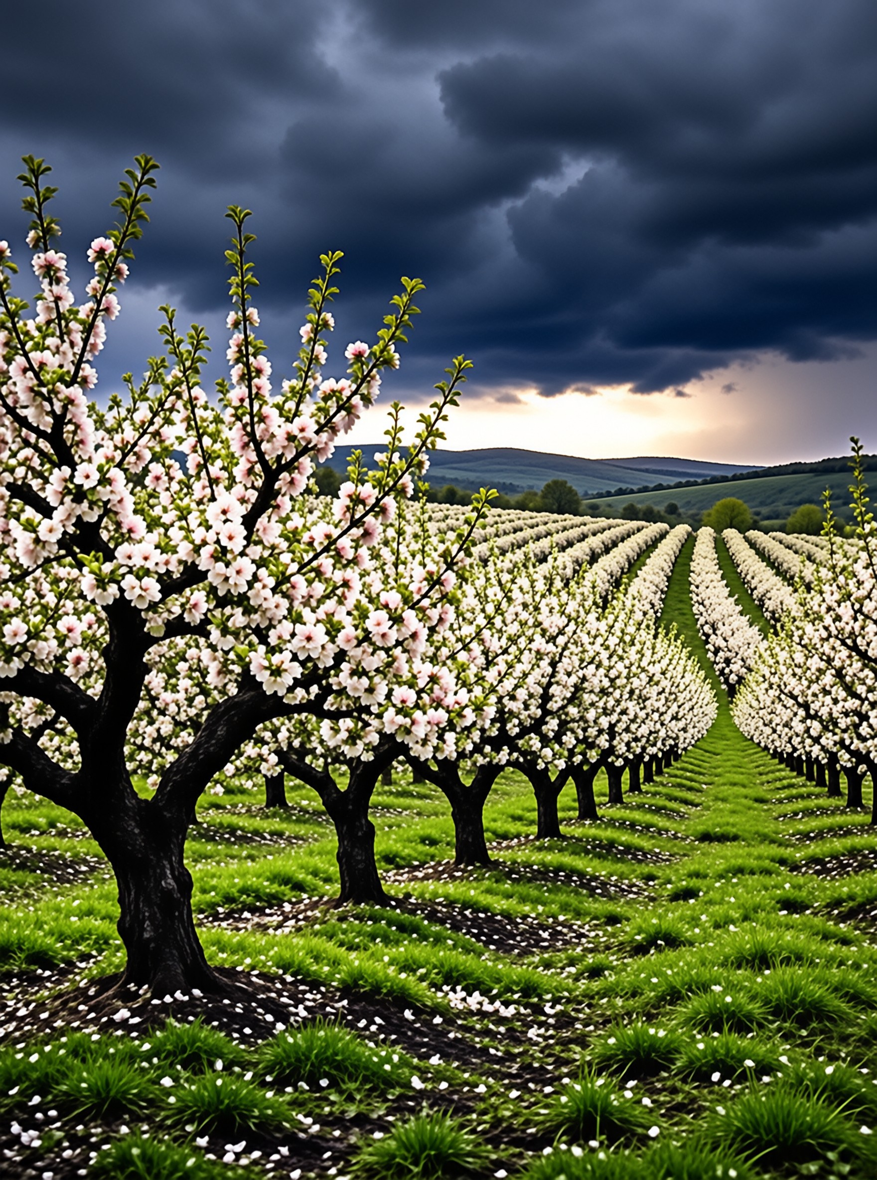 Orchard Bloom Under Dark Sky