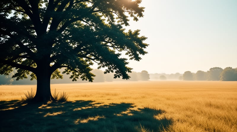 Sunlit Tree in Misty Field
