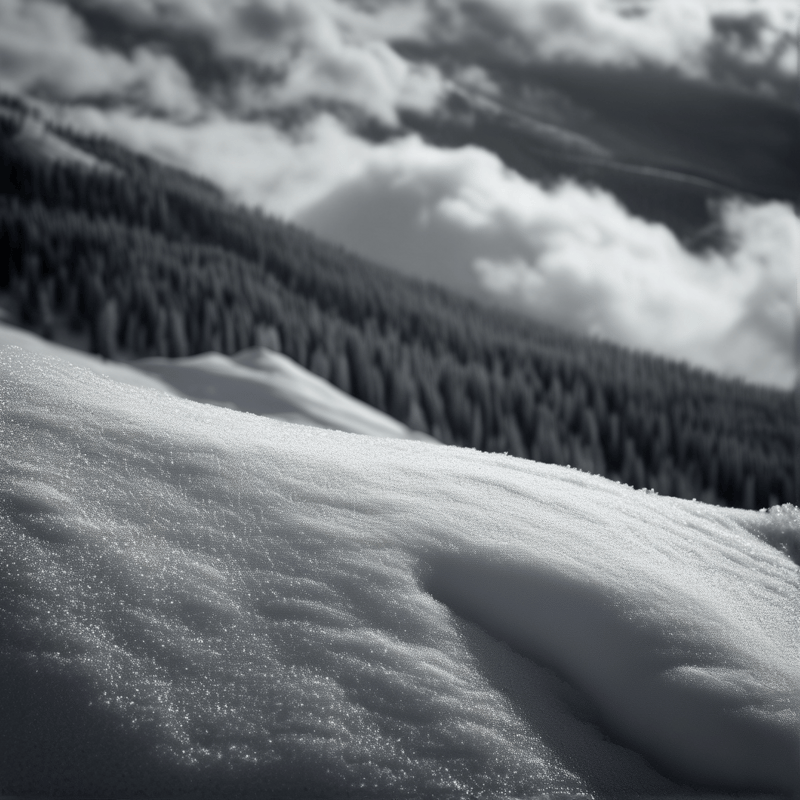Fine granular snow forms a smooth crest in sharp focus while dark evergreen slopes and drifting cloud soften behind it.