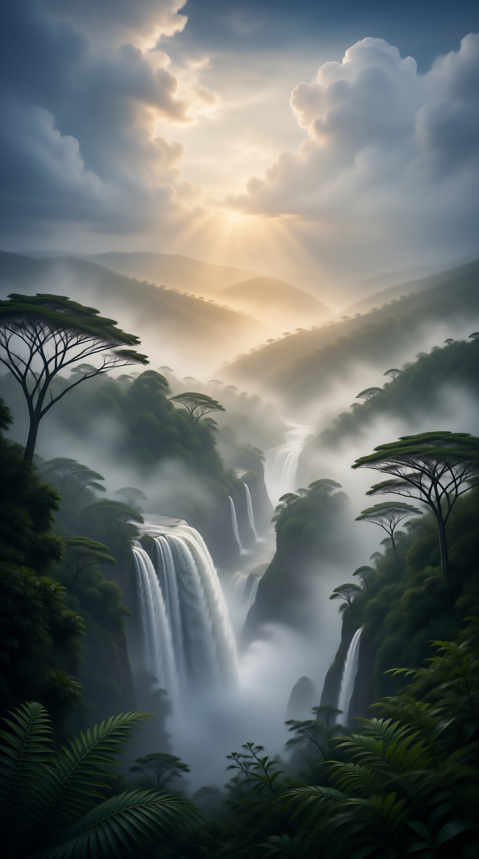 Sunlit Misty Waterfall