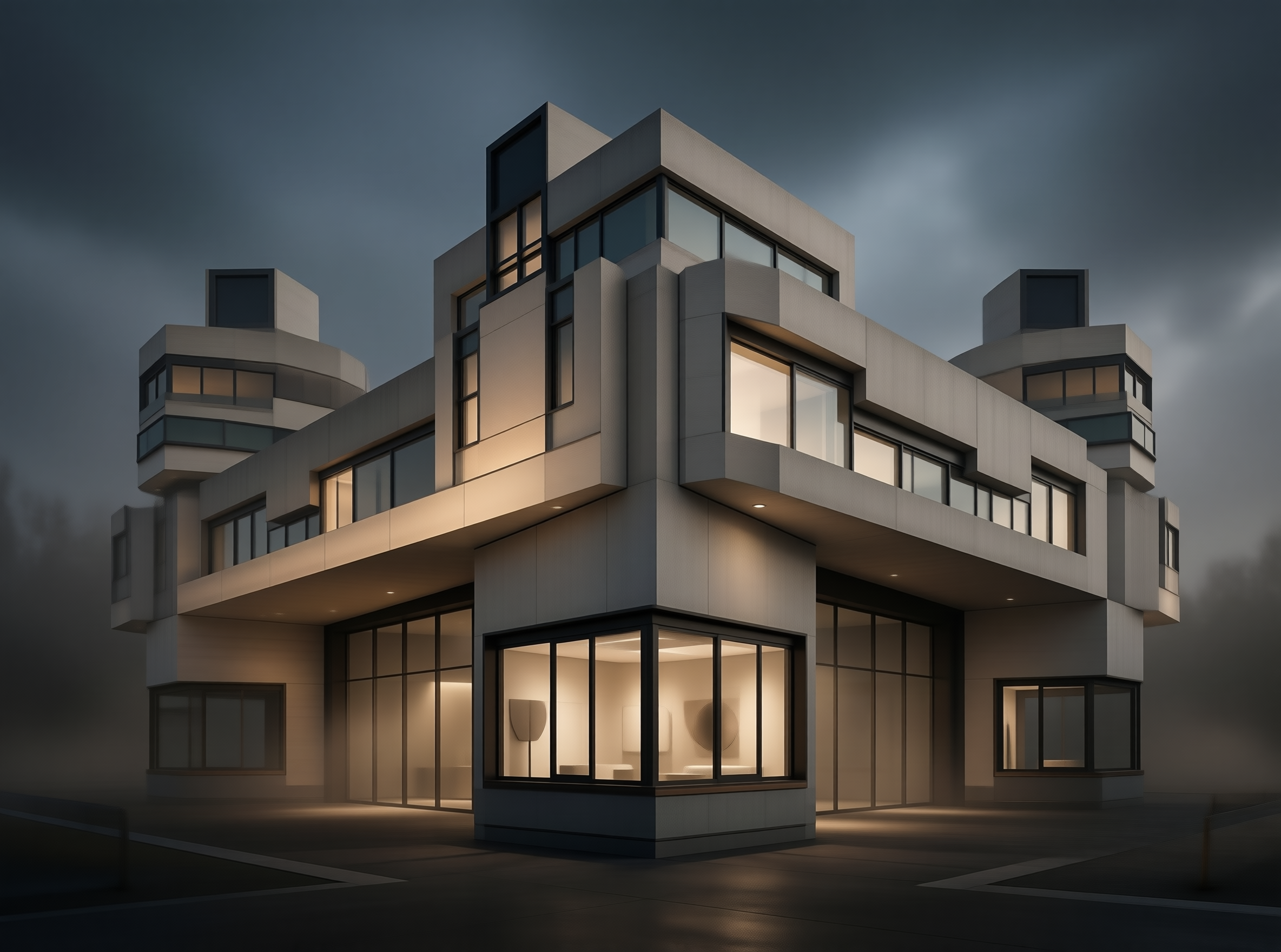 Angular Concrete Pavilion in Dusk Fog