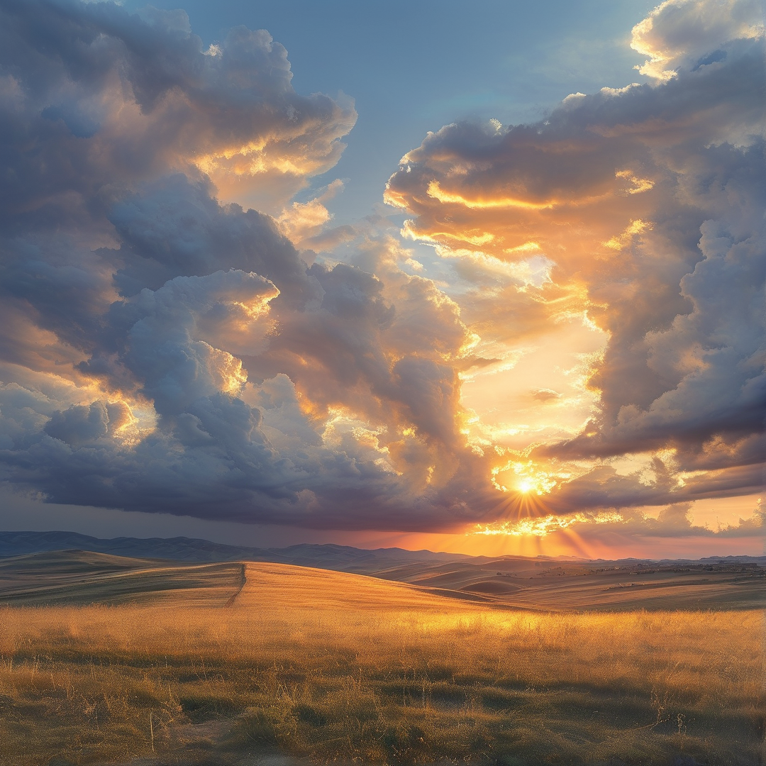 Sunset Over Grassy Hills