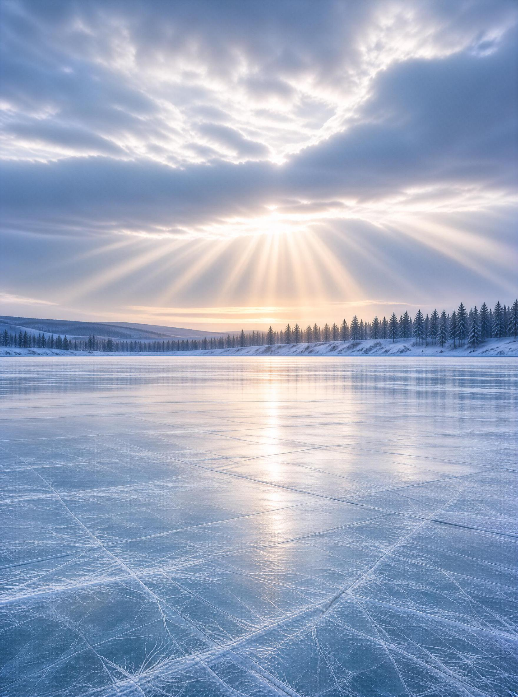 Sun Rays Over Frozen Lake