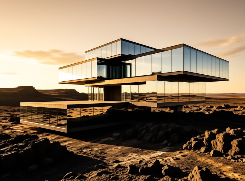 Cantilevered mirror glass boxes rest above a rocky desert floor reflecting an amber sky at the end of the day