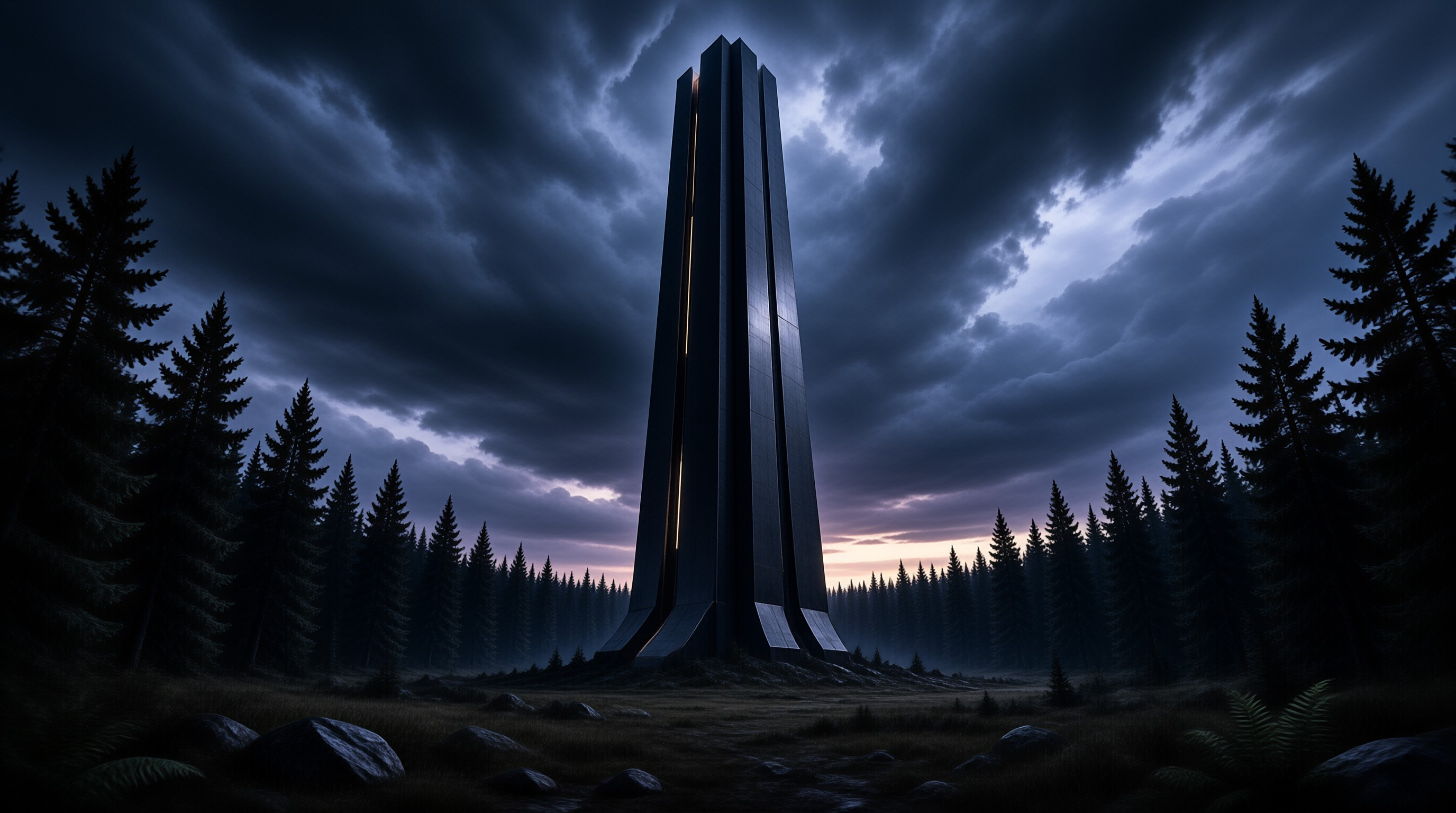 Monolith in Stormy Forest
