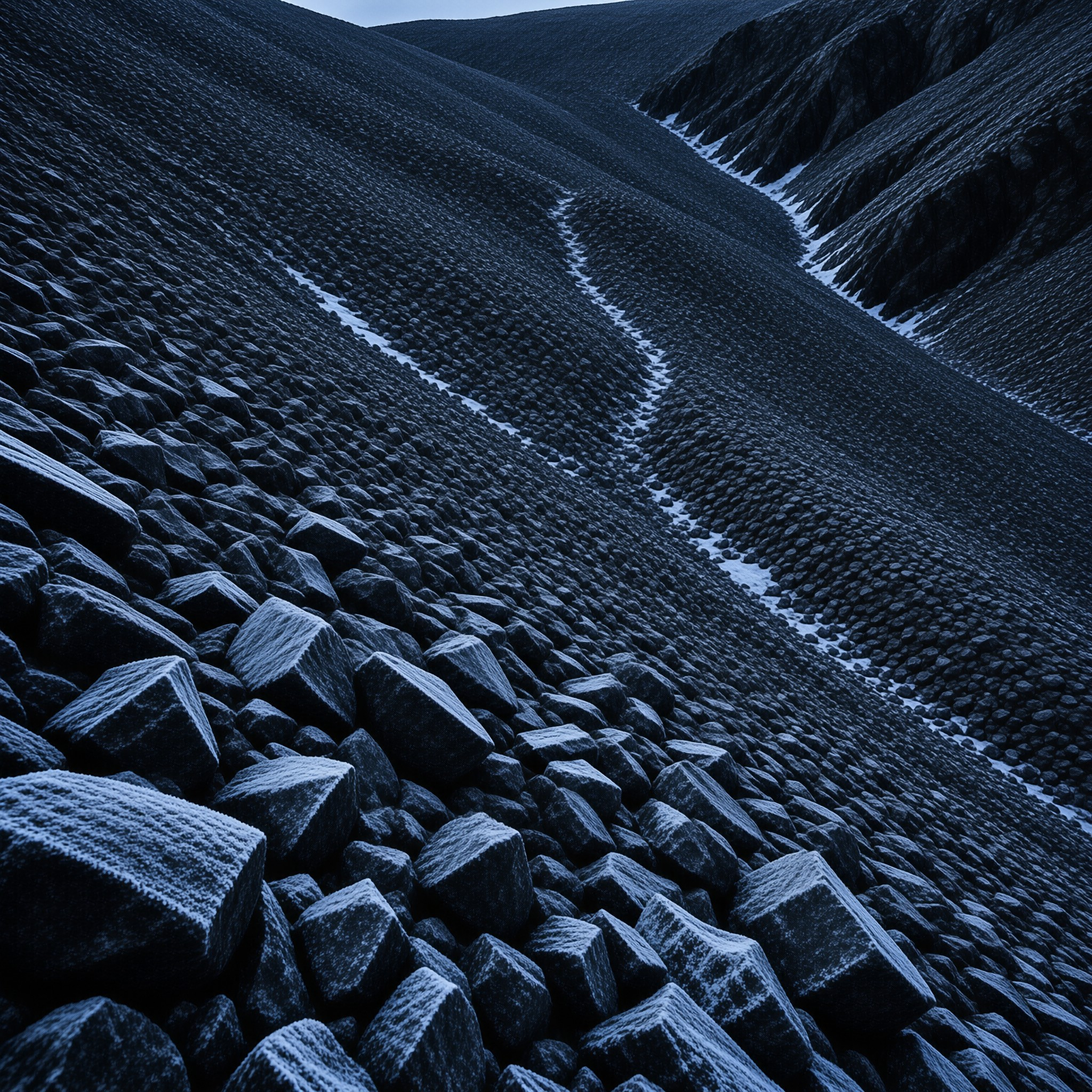 Dark hexagonal rocks cover a steep slope with thin white snow lines tracing down a valley under dim blue light.