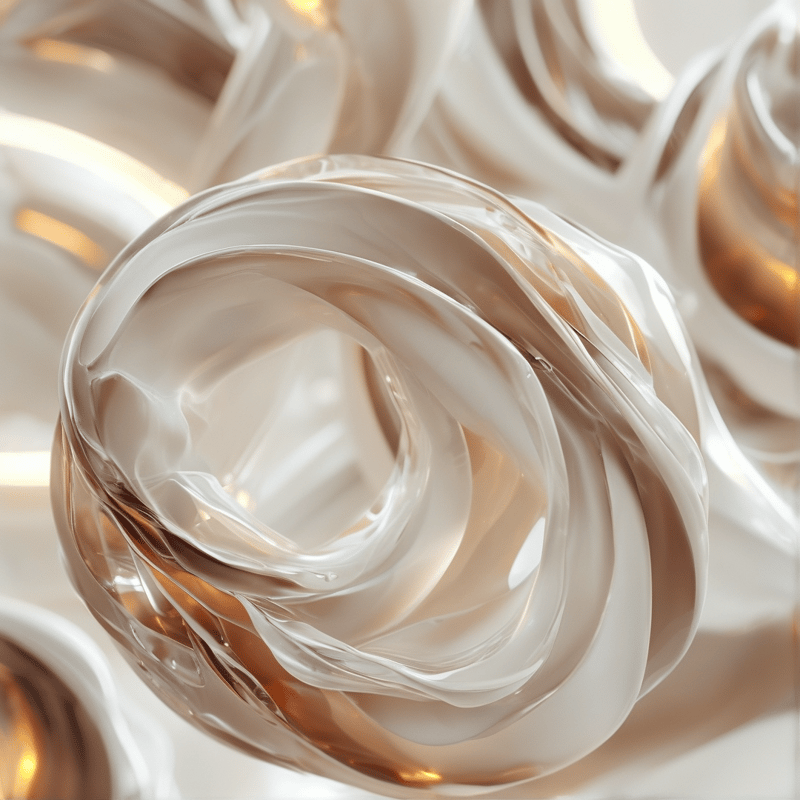 A detailed view of smooth beige liquid swirling into a spiral shape with soft golden reflections on the surface.