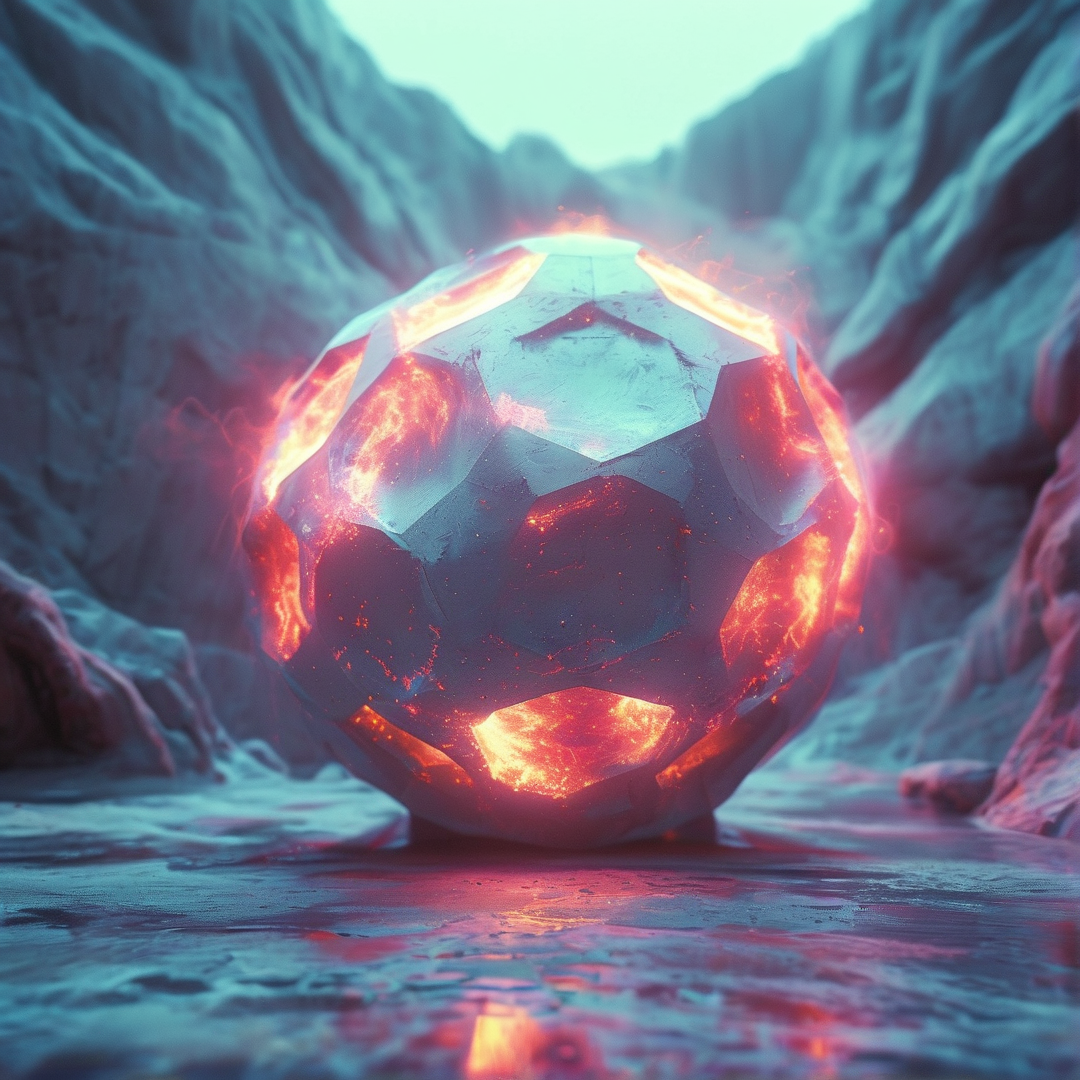 A large cracked orb sits in a rocky valley while orange fire light shines through its surface against blue stone walls.