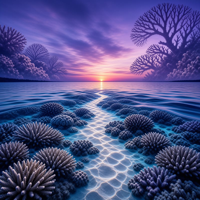 Branching coral structures rise from clear blue water while a vibrant pink and purple sunset illuminates the horizon.