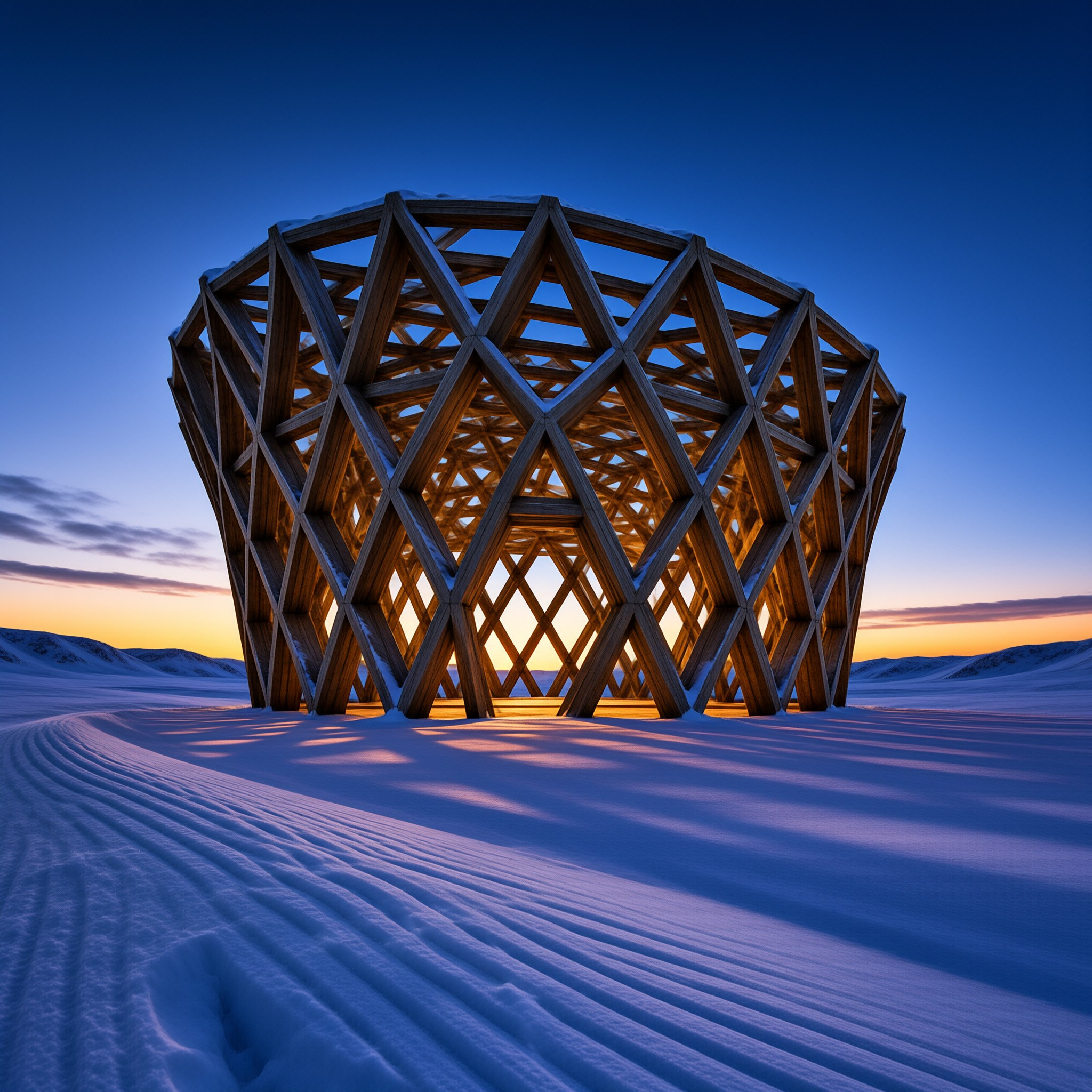 Snowy Geodesic Dome at Dusk