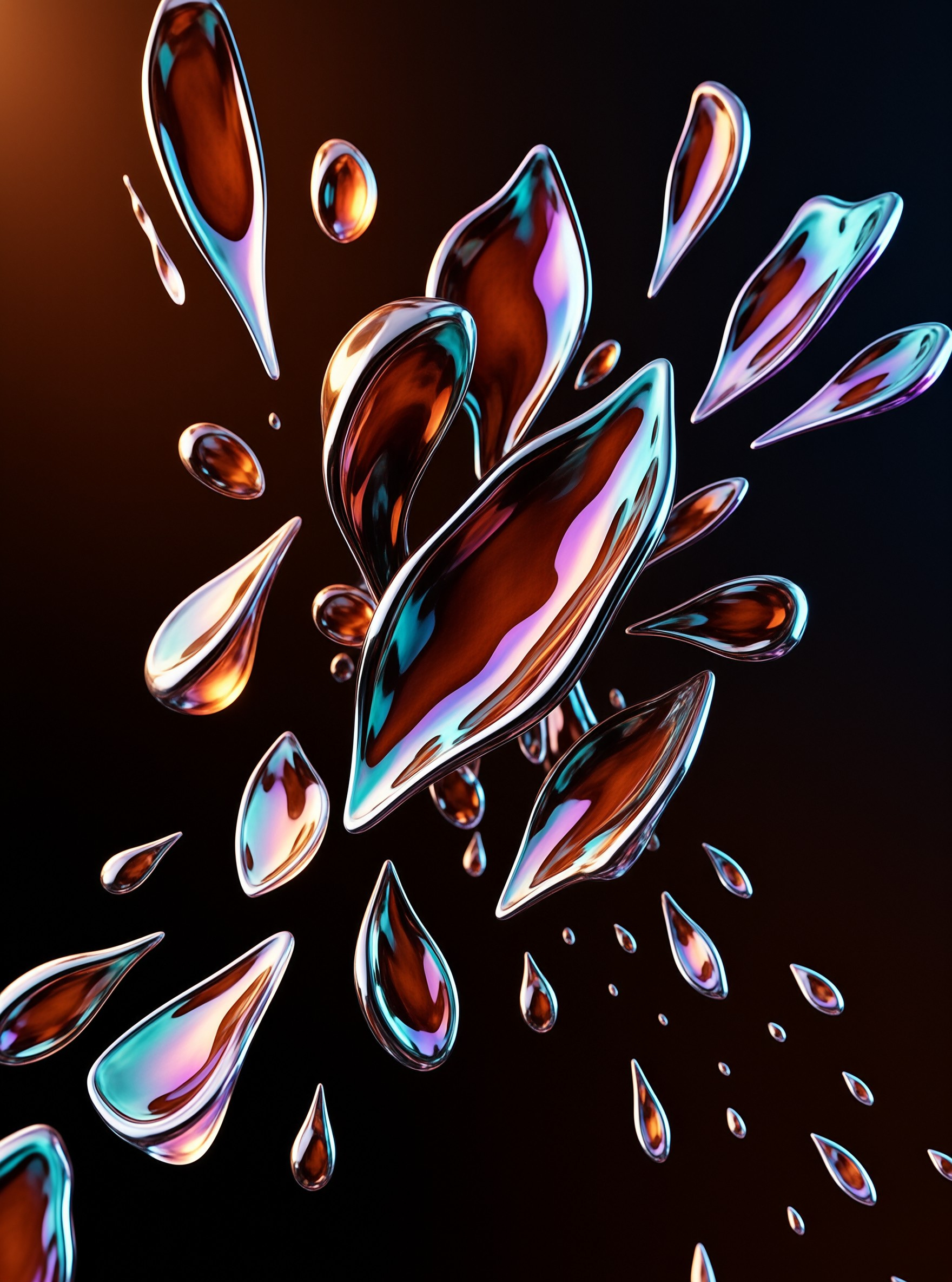Glossy metallic droplets explode outward with orange and blue reflections against a black background.