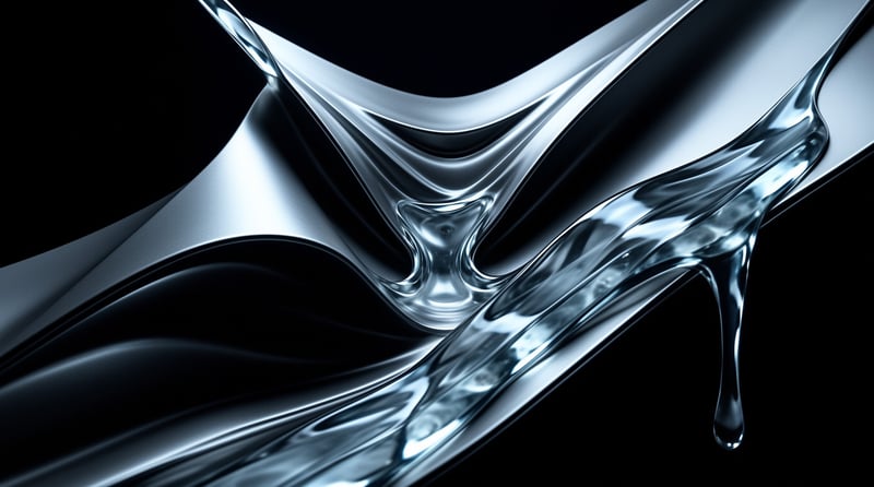 A shiny silver fluid forms peaks and valleys with a hanging droplet against a deep black background.