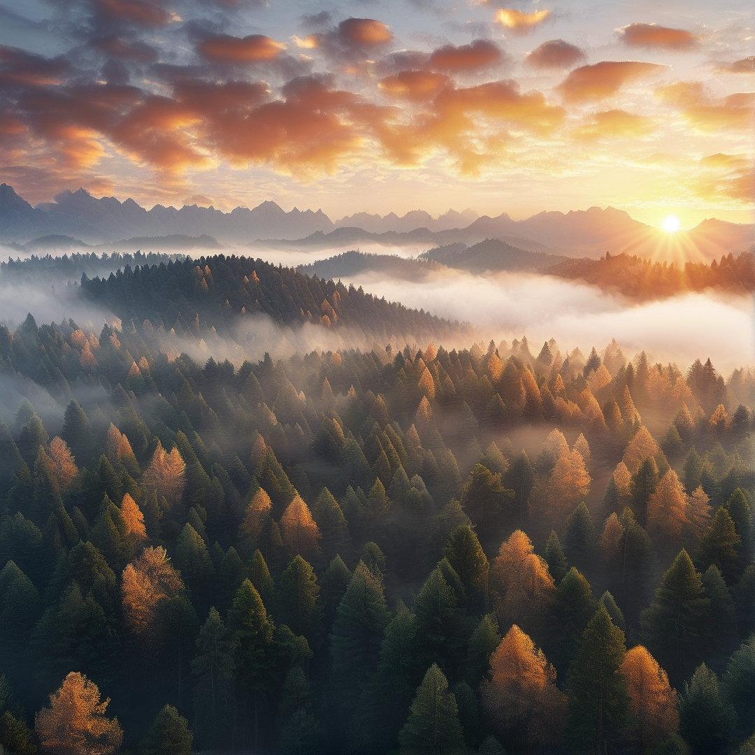 Sunrise Over Misty Forest