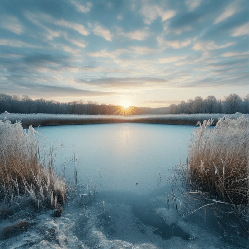 Sun rises over a distant frosty treeline, shining golden light across a smooth frozen lake flanked by frost covered dry reeds.