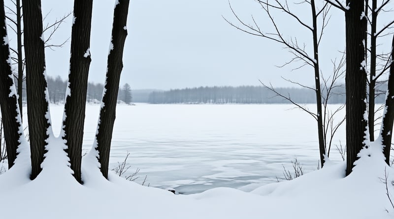 Dark tree trunks rise from deep snow framing a vast white frozen lake under a pale overcast winter sky.