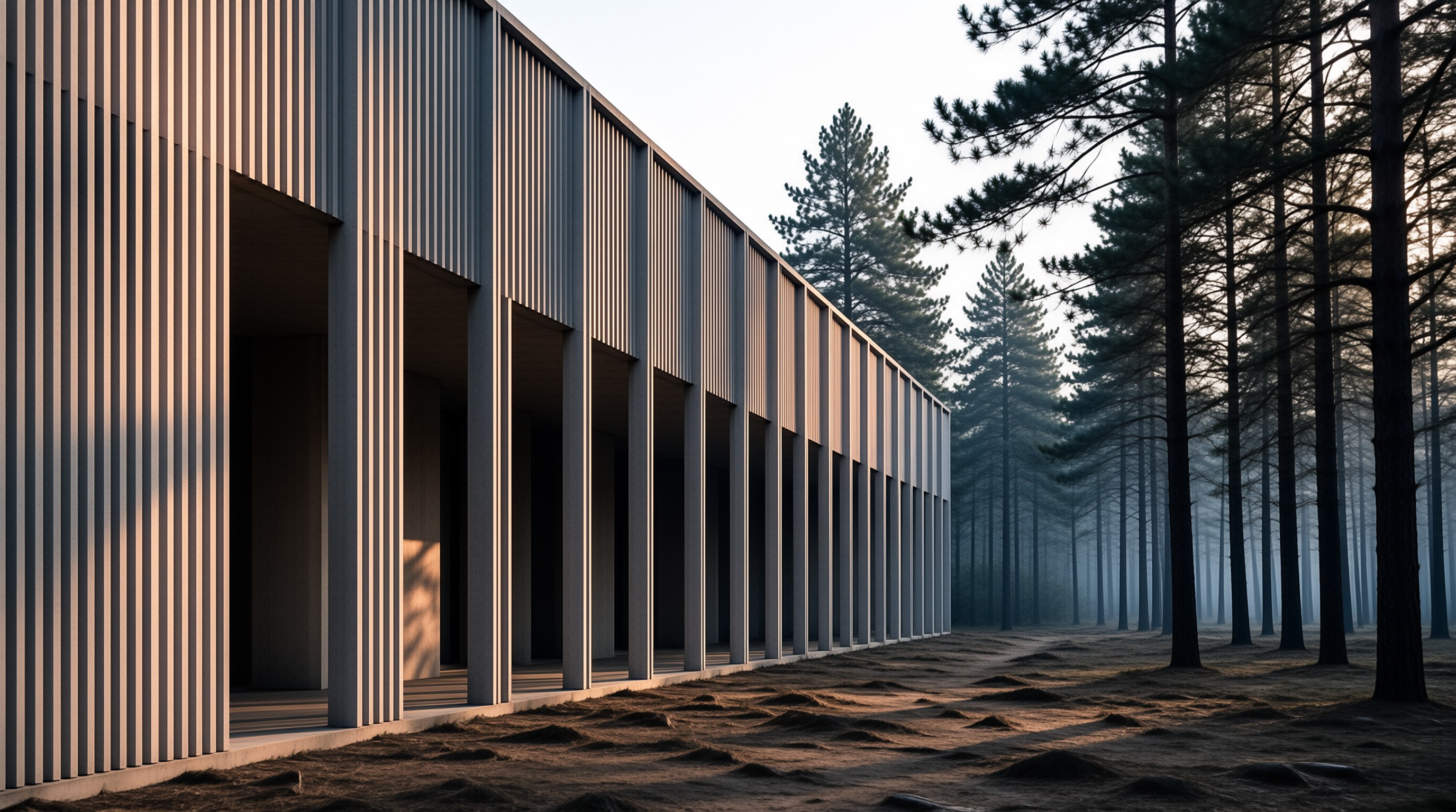 A long modern building with vertical slats stands next to a foggy pine forest under soft morning light