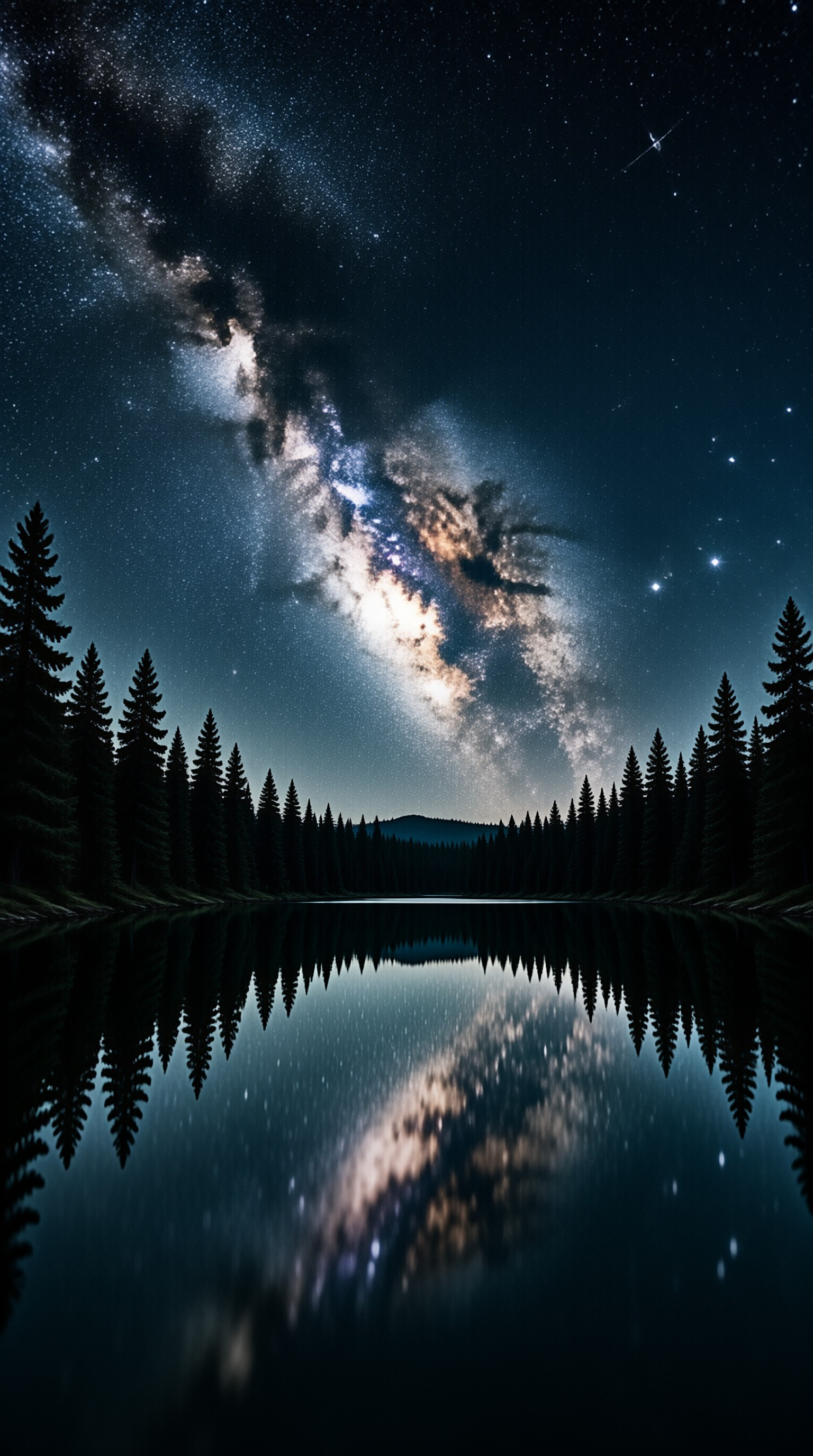 The Milky Way spans a dark sky above a calm lake mirroring the stars and surrounding coniferous tree silhouettes.