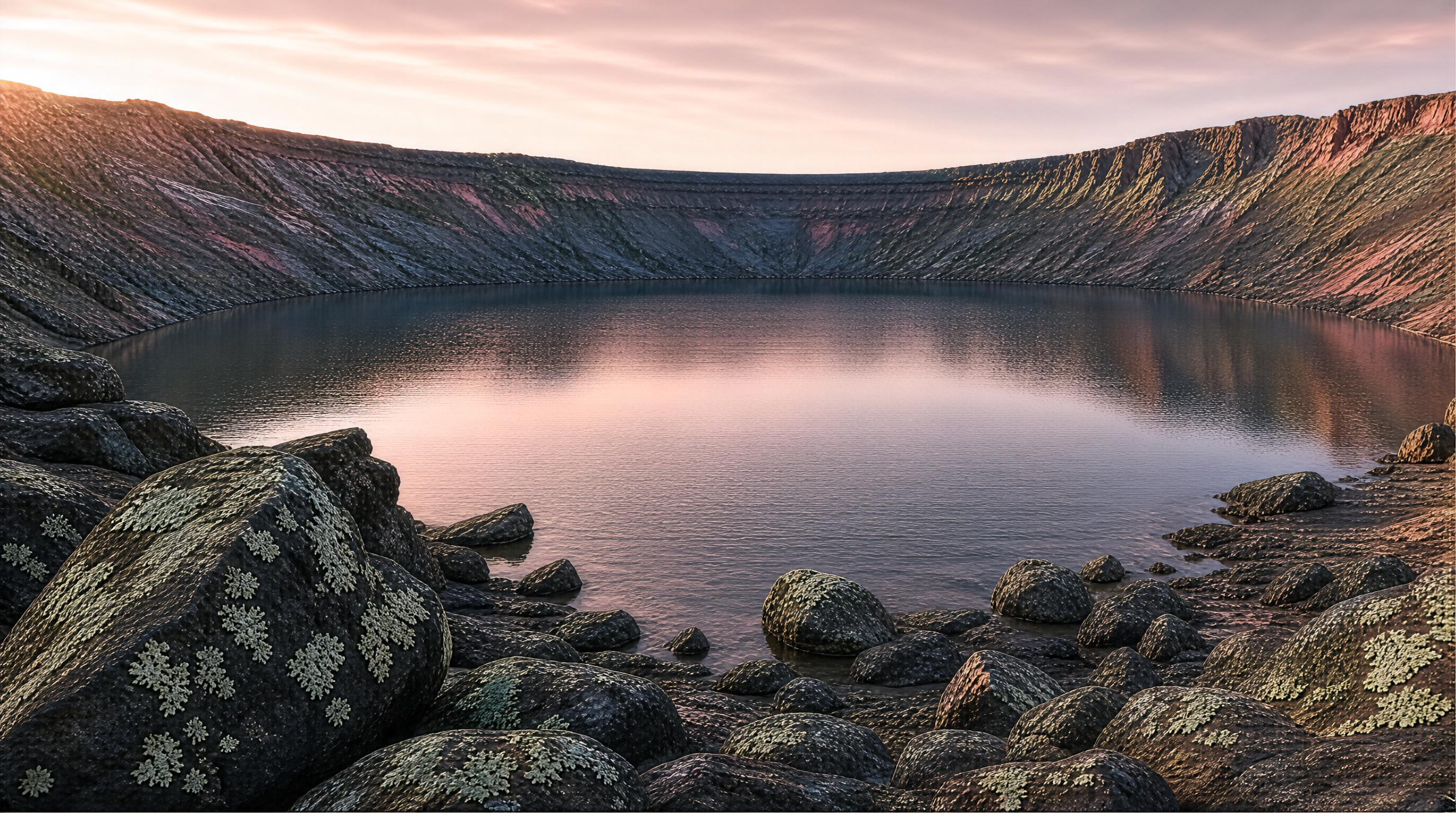 Volcanic Crater Lake at Sunset